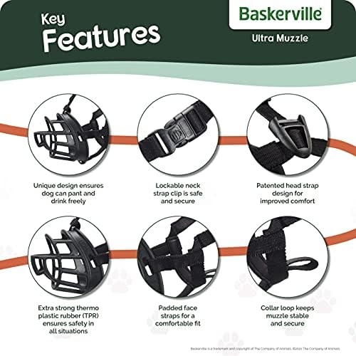 Safe BASKERVILLE ULTRA MUZZLE, Size 4, Patented Humane Design, Breathable, Dog can Pant and Drink, Adjustable, Padded, Dog Training Muzzle for Medium & Large Dogs, Prevents Biting, Wildlife Scavenging
