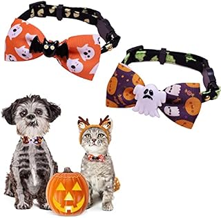THETAG 2 PCS Cat Collars Halloween, Dog Collars with Bow Tie, Soft Adjustable Breakaway Pet Collar for Dogs and Cats, Pumpkin and Ghost Holiday Decor M size(11.8"-18.9")
