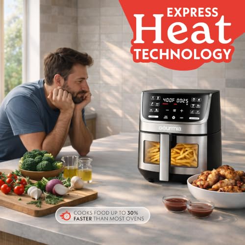 Image of Gourmia Air Fryer - 7 Qt Large Capacity with LED Display, 12 One-Touch Presets, FryForce 360 Technology, Nonstick Dishwasher-Safe Basket & Crisper Tray, Stainless Steel
