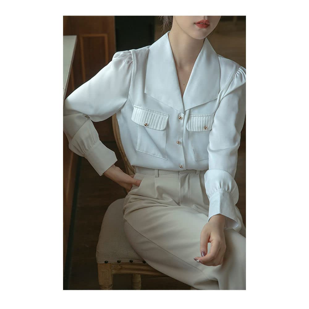 MIDJ Damenkorsett Mit Langen Ärmeln,Damen Elegant Bubikragen Falten Oberteile Hemd Weiß Satin Tunika Hemd Langarm Chiffon Bluse Hemd Sommerjacke Lässige Büro Business Bluse Für Mädchen Damen