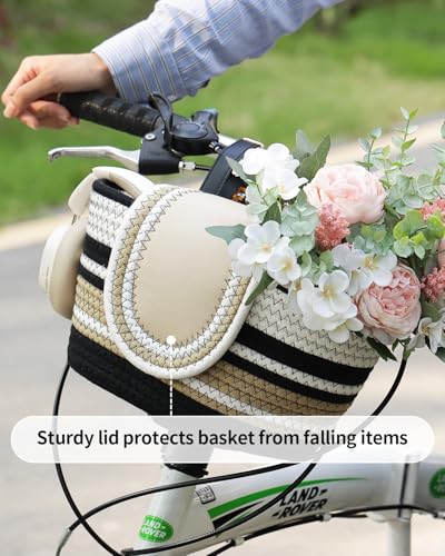 Handmade Bike Basket Front, Woven Bicycle Baskets for Adult Bikes, Rustic Detachable Handlebar Bike Basket for Women Girls with Leather Lid, Adjustable Leather Straps, Black - Thumbnail 3