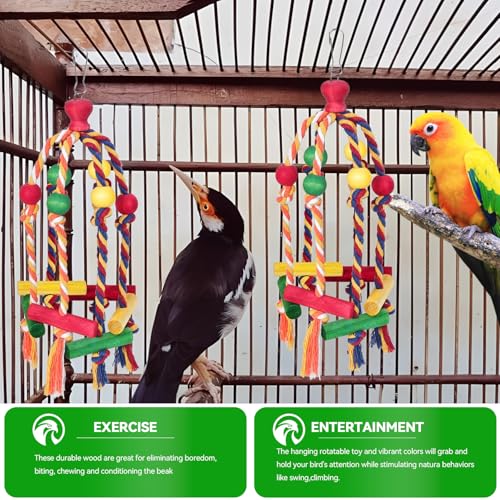2PCS Dangly Rope Bird Toys,Medium and Small Birds Toys Multicolored Natural Wooden Bird Chewing Bird Cage Accessories for Parakeet Parrot Conure Cockatiel Budgies Lovebird Cage Toy - Image 5