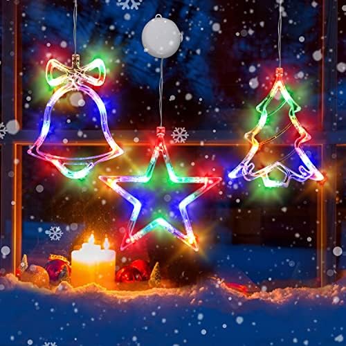 Christmas Decorations, 3Pcs Christmas Window Lights Battery Powered Christmas Window Decorations Tree & Jingle Bell &Star Shaped with Suction Cup for Xmas,New Year,Balcony,Party,Indoor Outdoor Decor