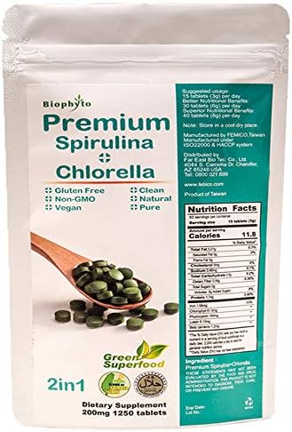 Biophyto-Chlorella Spirulina 2 in 1 Tablets- 1250 Counts- Broken Cell Wall- Vegan- 83 Days Supply- Phycocyanin, Protein- Non-GMO- Iron, Zinc, B12, Chlorophyll, Calcium- 100% Pure-Energy Supports