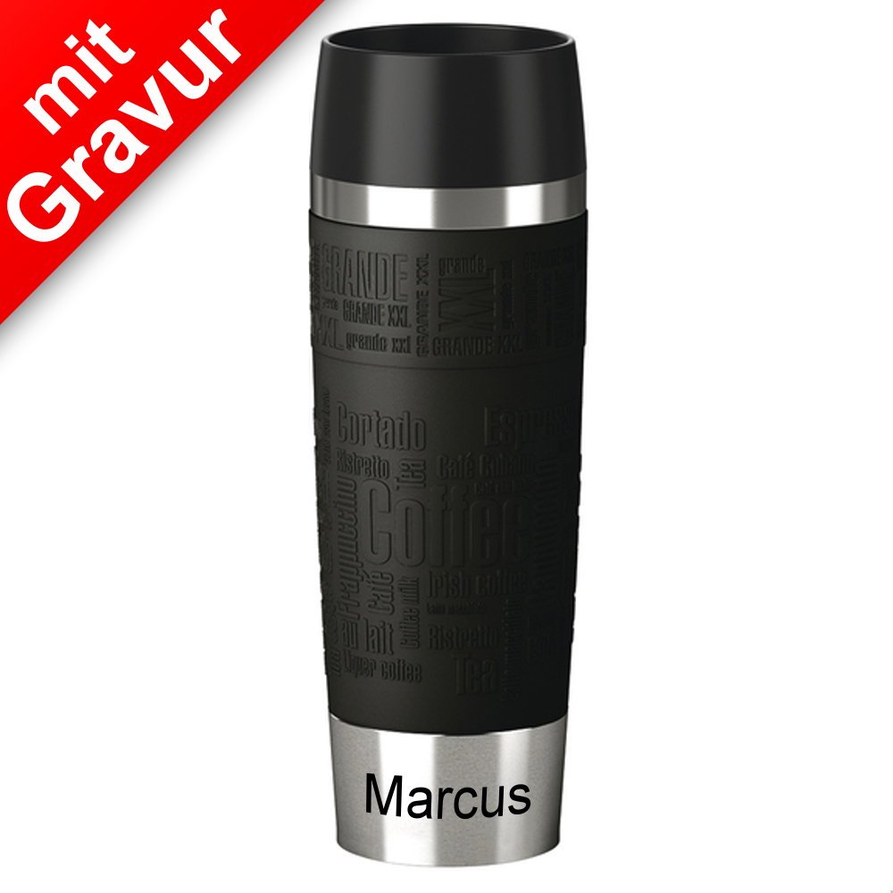 Emsa Edelstahl Isolierbecher MIT Gravur (z.B. Namen) 500ml TRAVEL Mug Grande Manschette Schwarz mit persönlicher Rundgravur, Travelmug Kaffee & Tee Thermo to-go-Becher 100% auslaufsicher