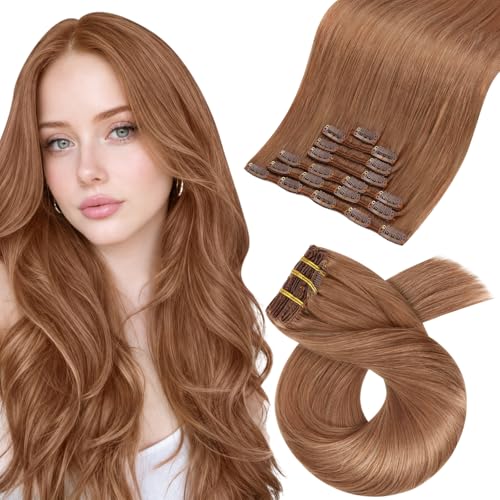 Image of Moresoo Clip in Hair Extensions Copper Brown Human Hair 16 inch 120g 7pcs | Human hair clip in extensions, soft ginger copper brown finish, double weft, silky straight texture for party-ready volume