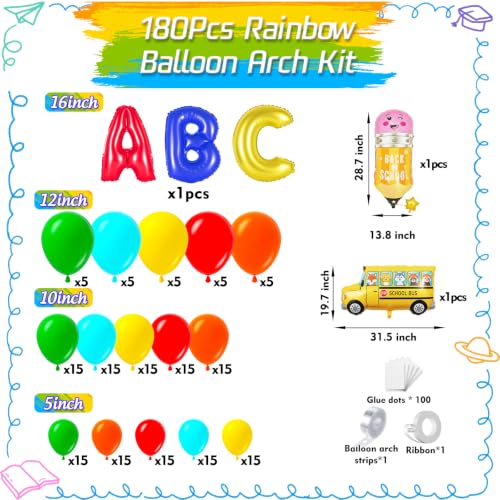 Image of Back to School Balloon Garland Arch Kit 180Pcs with Pencil School Bus ABC Balloons, Rainbow Balloon Arch Kit for First Day of School 2026 Kindergarten Grad Back to School Classroom Party Decor