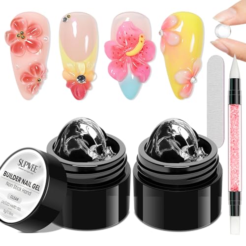 SUPWEE Clear 3D Gel Nail Art 2PCS 3D Sculpting Gel for Nail Art Non Stick Hand Solid Builder Gels Home Manicure Nail Salon Nail Charms Solid Extension Carving Molding Hard Gels 5g/0.18Oz