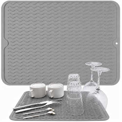 Image of HOMETHREADS Silicone Dish Drying Mat, Silicone Draining Board Mat, Silicone Dish Draining Mats, Kitchen Sink Dish Drainer Mat Racks for Kitchen Counter Protector, 40x30cm (Light Grey)