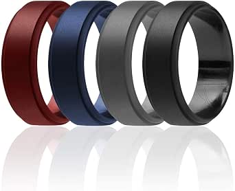 ROQ Silicone Rings For Men - 4 Pack Breathable Wedding Bands, 8mm Beveled Edge, Size 12 (Black Camo, Black, Grey, Silver) - View #8
