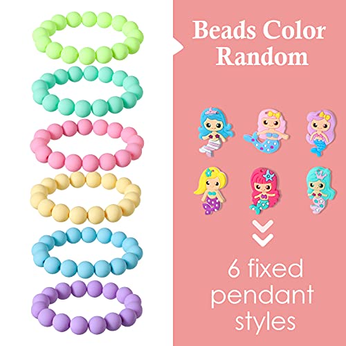 Hifot 6 Pieces Mermaid Beaded Bracelets For Girls, Silicone Mermaid Pendant Bracelet Kids Jewelry Bracelets Set Princess Dress Up Party Favor Gift (Random Colors) #TOP4