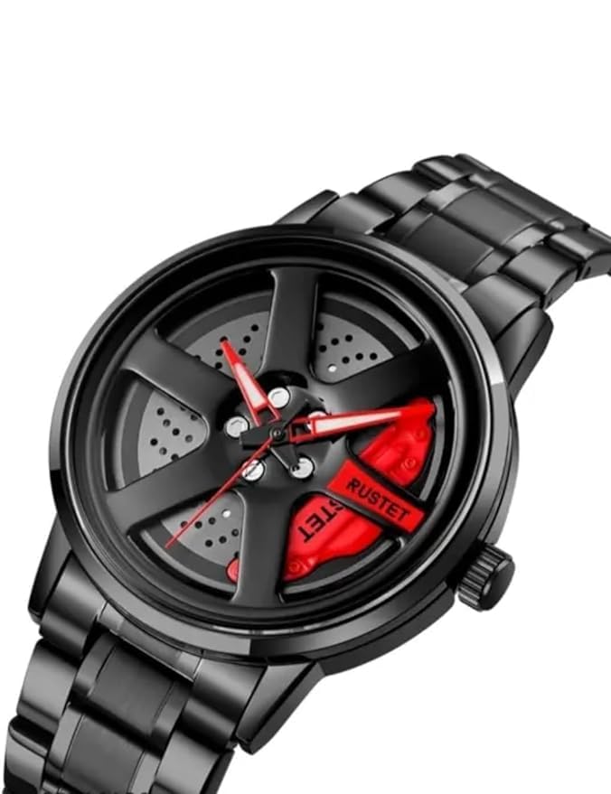 Image of Gyro Men's Black Dial Analogue Watch New Wheel Spinning Creative Fashion League Fans Butterfly Double Snap Gift Wrist Watch (Red,5)