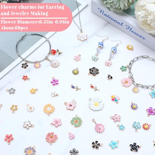 Ouligay 60 Stück Emaille Blumen Charms Anhänger Set, Niedliche Gänseblümchen Kirsch Blumen Anhänger für Armbänder, Kleine Blumenanhänger Kettenanhänger Basteln für DIY Schmuckherstellung