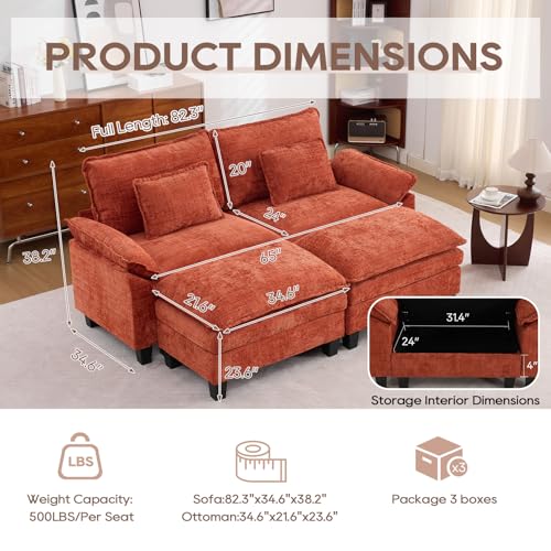 Image of IPKIG 82.3 inch Modular Cloud Couch with Storage, U Shaped Sectional Sofa with Ottoman & Pillow, Chenille Deep Seat Sectional Couches for Living Room, Apartment, Orange