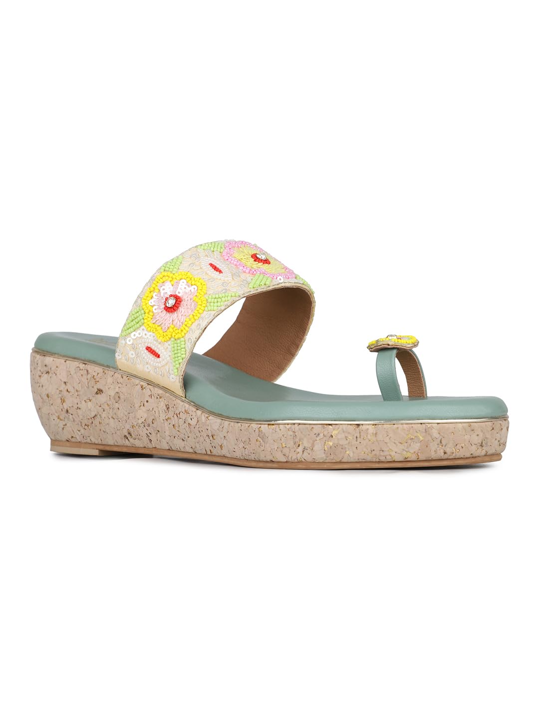 Womens Green Ethnic Embellished Round Toe Wedge Heel Sandals Heeled-image-43