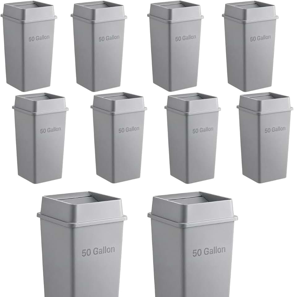 10 Pack Gray 50 Gallon Large Commercial Garbage Bins with Lids, Durable Square Resin Trash Cans with Built-in Handles for Indoor Outdoor School, Cafeteria, Office and Facility Use