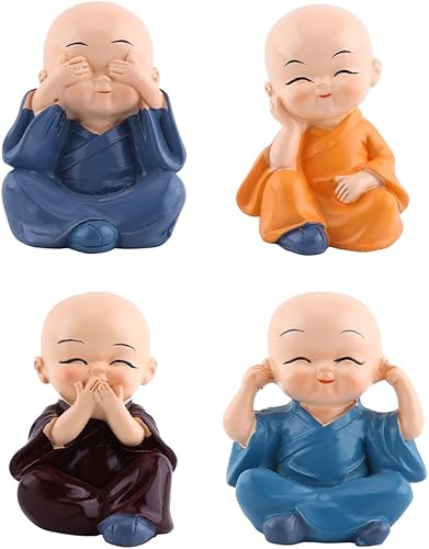 Miniatura 6 de Decoración de cuatro monjes, estatuas de monje sonriente, juego de 4 figuras de Buda en miniatura, Little Wealth Lucky Laughing Showpiece No Evil