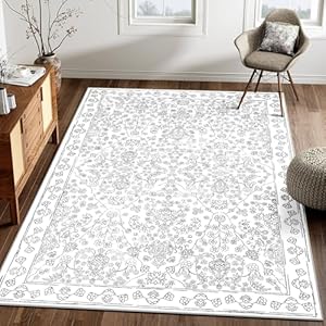 PureCozy Sage Green Area Rug 4x6 Washable Office Entryway Carpet Vintage Distressed Non Slip Kitchen Indoor Entry Neutral Low Pile Retro Floral Farmhouse Throw Mat for Laundry Dining Room Be