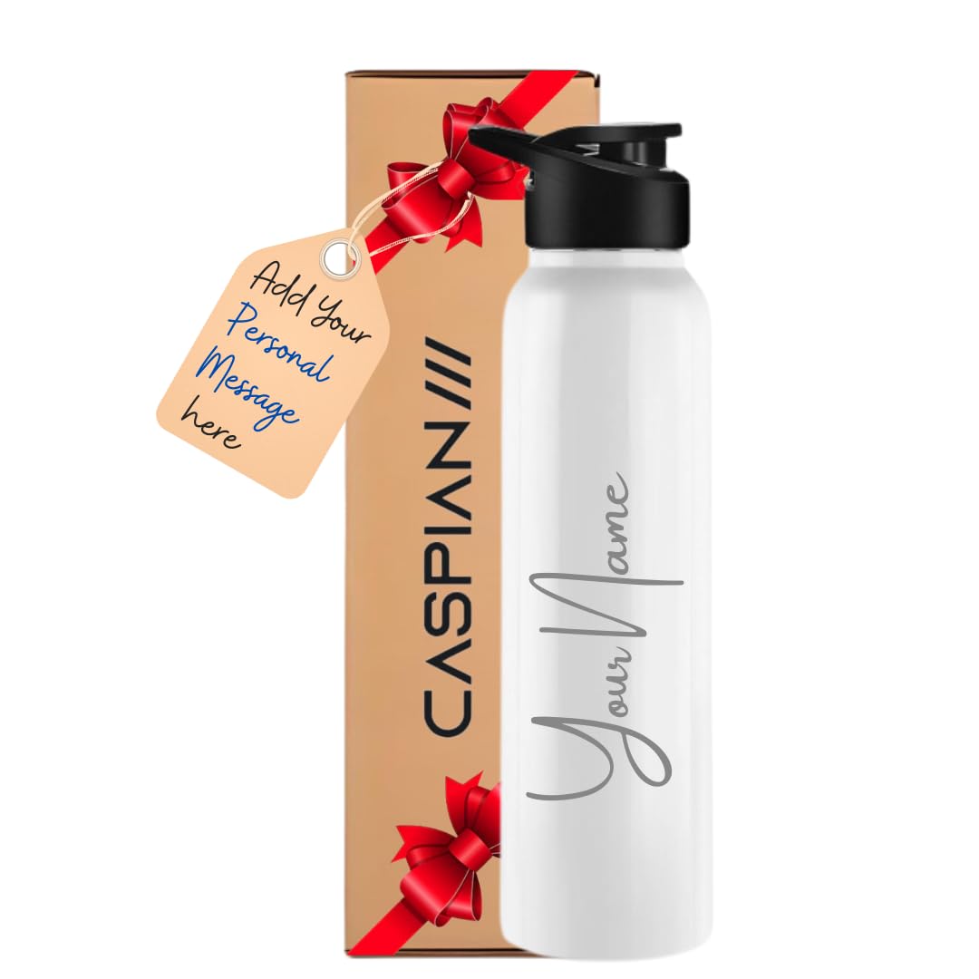CASPIAN /// Hike Customised Stainless Steel Water Bottle 1L S White with Logo Print-Personalised Water Bottle with Your Name Print for Kids Boys Girls School Office Gym-Perfect for Corporate Gifting