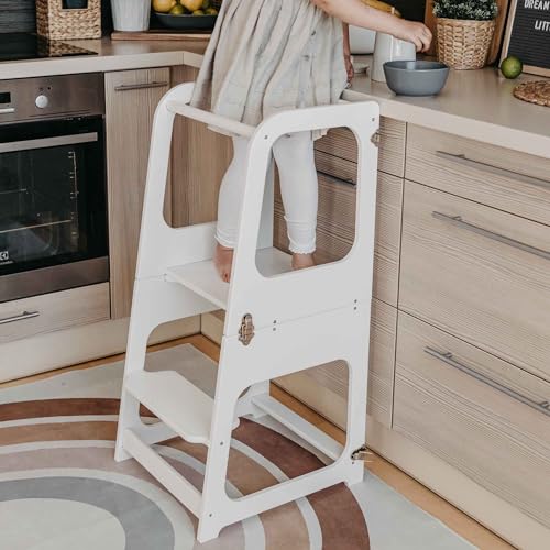 Plataforma de Madera para Trepar en la Cocina para Bebés y Niños - Torres Ajustables para Encimeras y Mesa - Taburete Seguro y Duradero - Learning Tower (Blanco)