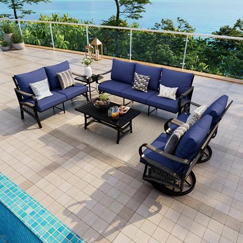 Image of 6 Pieces Patio Conversation Sets, All-Weather Metal Swivel Rocking Chairs with Rope Furniture Set, Outdoor Sofa Couch for Deck, Porch, Garden, Backyard, Poolside (Blue Cushions)