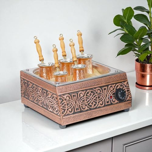 Traditional Handcrafted Copper Sand Coffee Maker Machine – With 5-Pots – 1000 Watt, 110 Volt – Authentic Turkish Coffee Experience rich in foam