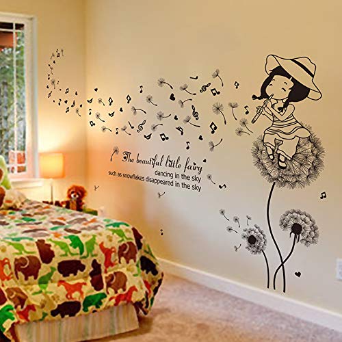 Etiqueta de la pared Negro Diente de León Chica Vinilo Arte Mural de Dibujos Animados de DIY para Habitaciones de Niños Jardín de Infantes Decoración Regalo Infantil