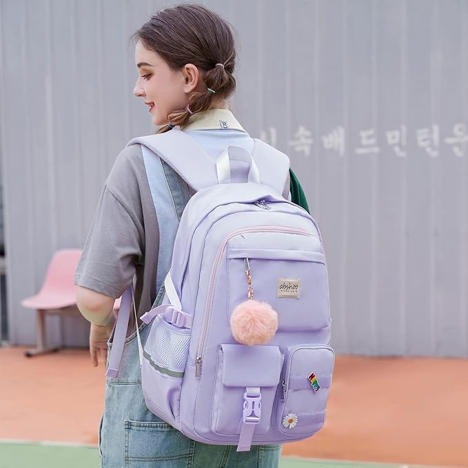 Image of Girls School Backpack with Small Zipper Pouch Fashion Nylon Backpack Multi Compartment Large Capacity Bag with Padded Shoulder Straps & Handle for School Travel Camping College