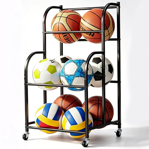 ShelfElites Basketball Rack with Wheels - Space-Saving Vertical Ball Storage for Basketball Football Soccer Rolling Ball Rack for Garage & Outdoor Heavy-Duty Ball Holder Organizer