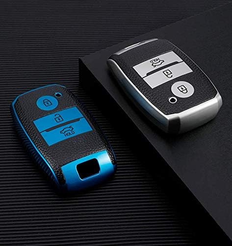 Image of JVCV Premium Soft TPU Leather Pattern Key Cover Compatible with Kia Seltos Sonet Carens 3 Button Push Start Car Key (Blue Black)