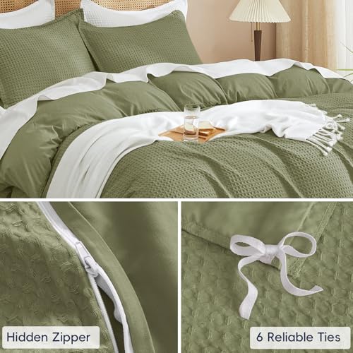 Image of PHF Waffle Duvet Cover Set Twin XL Size, Back to School College Dorm Bedding, Ultra Soft Breathable Comforter Cover for All Season, Dorm Room Essentials Set with 1 Pillow Sham,68 inch x 90 inch, Olive Green