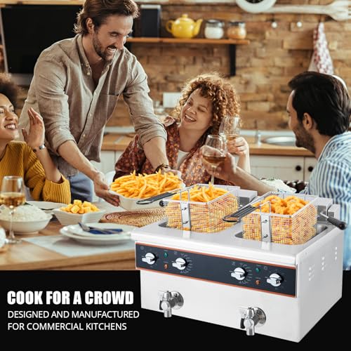 GarveeHome High-End Tabletop Fryer with Oil Drain Valve, Double-Cylinder, 16L Oil Capacity, 120V, 1800W+1800W, Timer, 201 Stainless Steel Frying Basket