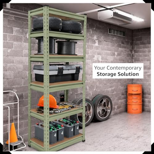 Image of BonKaso Adjustable 6-Shelf Metal Storage Rack | Heavy-Duty Steel Boltless Rivet Utility Shelving Unit for Garage, Kitchen & Office | 62 Inches Height (62 x 24 x 12 in) - Olive Green