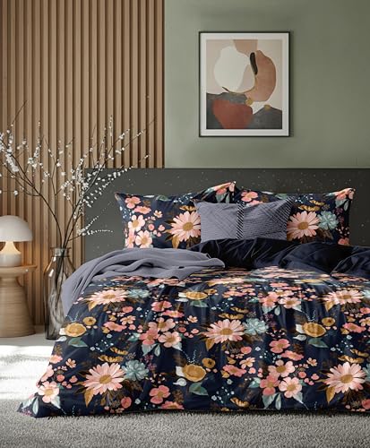 Image of Bedding Set Combo of Double Bed Duvet Cover Set with Fitted Bedsheet & 2 Pillow Covers | 300 TC Cotton Fabric | Zipper Closure |All Round Elastic|Warm Stuff|SED 048|Multi Floral | Breathable material