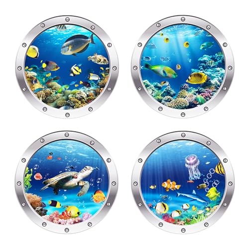 Zimoer Stickers Muraux 3D Monde Sous-Marin, Lot de 4 Autocollants Muraux Marine Tropical Poisson Sticker pour Salle de Bain Chambre, Océan Stickers...