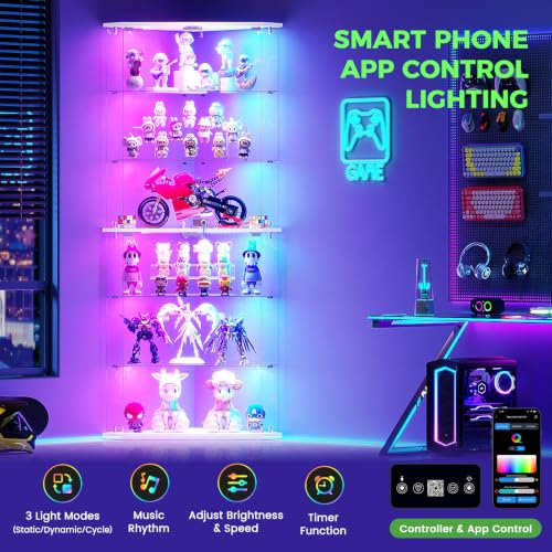 HNEBC Corner Glass Display Cabinet with LED Lighted for Collectible, White - image 4