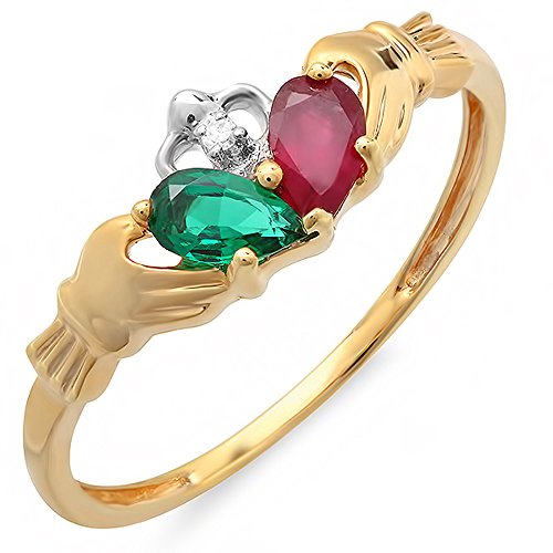 Dazzlingrock Collection Anillo de oro amarillo con forma de pera de Claddagh con diamantes de 10 quilates, esmeralda y rubí, para novia Dazzlingrock Collection Anillo de oro amarillo con forma de pera de Claddagh con diamantes de 10 quilates, esmeralda y rubí, para novia