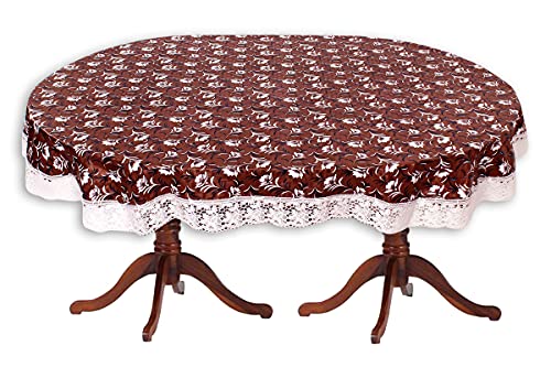 Image of The Furnishing Tree Waterproof PVC Oval Shaped 4 to 6 Seater Table Cover WxL 54x78 inches Floral Pattern Dark Brown with White Border lace
