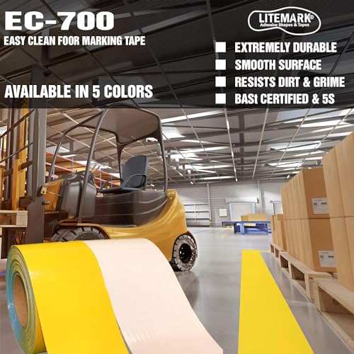 Image of LiteMark Duramark EC700 Floor Marking Tape for Concrete and Pavement | Industrial Marking Tape for Warehouses | Long-Lasting | High Durability (Yellow), 4 Inch X 18 Feet