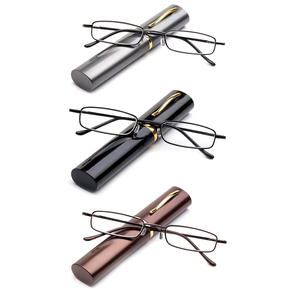 MMOWW 3 pares de gafas de lectura ultrafinas con forma de bolígrafo, con bisagras de resorte, lectores pequeños para hombres y mujeres, portalápices portátil (negro+marrón+gris, 2.00)
