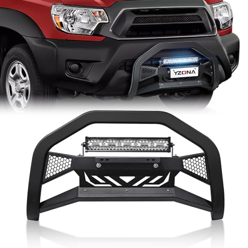 Image of YZONA Bull Bar with LED Light Bar & License Plate Frame Compatible for 2016-2023 Toyota Tacoma Front Grill Guard Grille, Truck Brush Guard, Bumper Push Bar (Include Skid Plate & Light Mount, Black)
