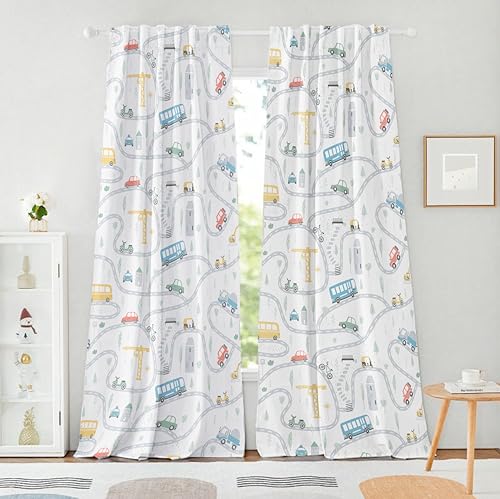 Image of Tranquebar Curtain Co. Kids Room Curtain, 60-65% Room Darkening, Multicolor Vehicles Print, Cotton Curtains 8 Feet Long Set of 2, BackTab Loops, Design Zoom (244 cm) - Set of 2