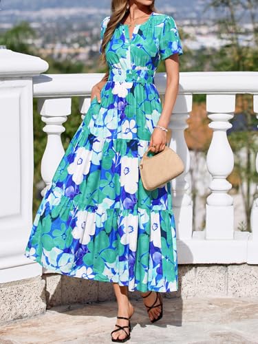 Image of BTFBM Womens Summer Floral Maxi Dresses V Neck Short Sleeve Boho Casual Flowy Long Wedding Guest Dress Beach Vacation