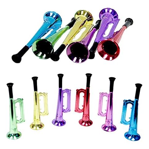 Kicko Metallic Trumpet Toys - 12 Pack - Assorted Colors - Shiny Plastic Blow Horn for Kids, Party Favor, Music Class, Pretend Play, Stage Props, 6 Inches Cover