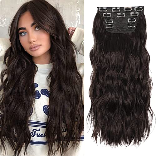 4PCS Brown Hair Extensions Clip in, Curly Synthetic Clip in Hair Extension