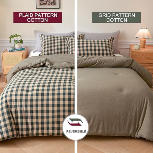 Image of Cyusri Cotton Plaid Full Comforter Set - Soft Lightweight Bedding 3 Pieces Dyed Bed Set with 2 Pillow Shams,Reversible All Season Farmhouse Down Alternative(Full Size 80 inchx90 inch Dark Green)
