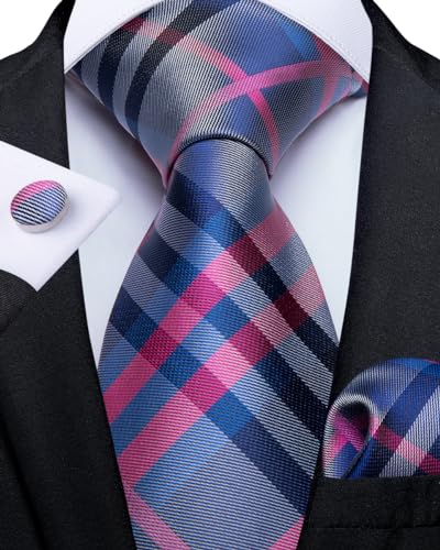 Image of DiBanGu Silk Zipper Ties for Men,Paisley Solid Plaid Pre-tied Tie and Pocket Square Cufflinks Set Formal Adjustable Necktie