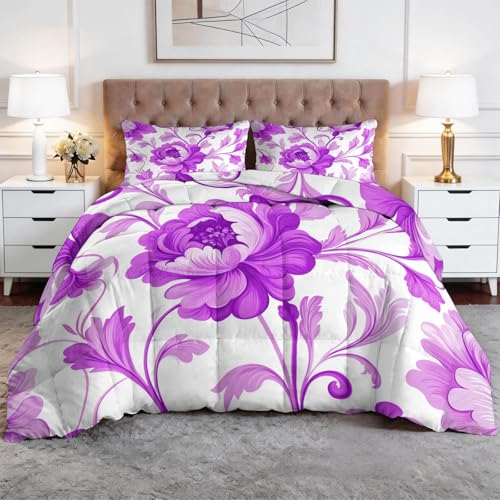 Genérico Edredón Nórdico 150 x 220 cm Campo Flores Plantas Hojas Trapunta con Acolchado en Rombos, Microfibra Premium 4 Estaciones – Antiapelmazamiento, Set de Cama 3 Piezas, Púrpura