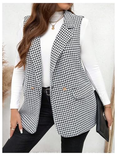 MakeMeChic Women's Plus Size Houndstooth Print Sleeveless Jacket Lapel Open Front Vest Blazer3