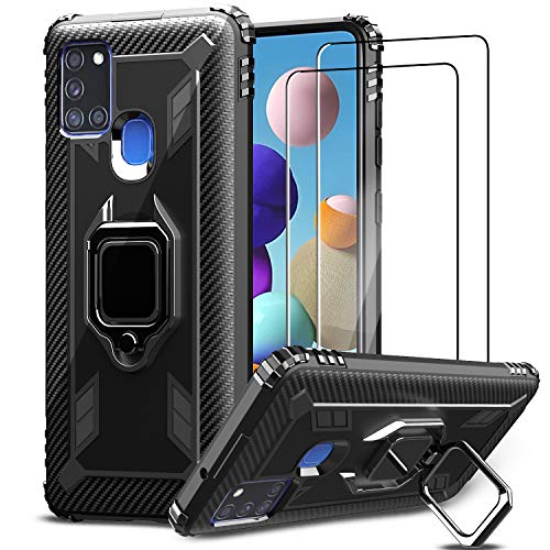 IMBZBK Funda para Samsung Galaxy A21s + [2 Pack] Protector Pantalla Samsung Galaxy A21s Cristal Templado, [Soporte Giratorio de 360 Grados con Anillo de Dedo][Grado Militar Anti-Golpe] TPU Silicona